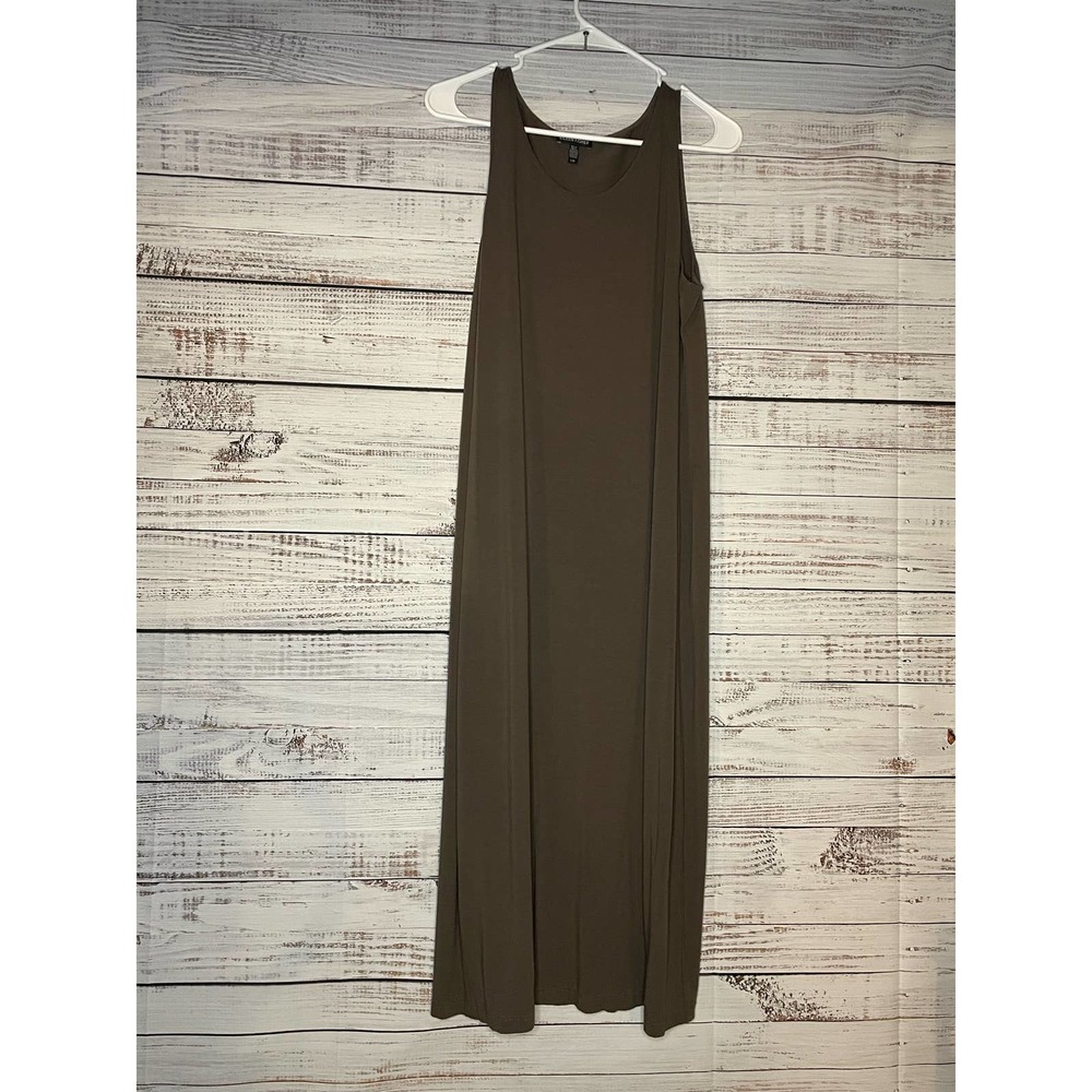 Eileen Fisher Stretch Knit Jersey Round Neck Sleeveless Midi Dress Brown Large